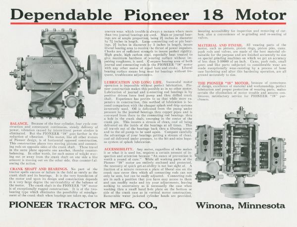 Advertisement for the Pioneer 18 motor featuring two illustrations of the motor from different angles.