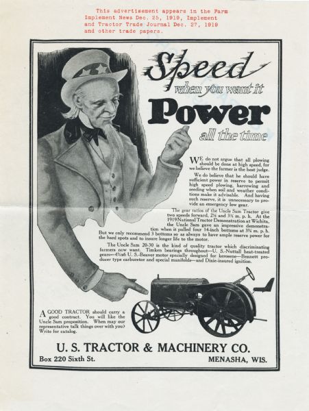 An illustration of Uncle Sam points to a U.S. Tractor & Machinery Company Uncle Sam tractor beneath a headline reading: "Speed when you want it. Power all the time."