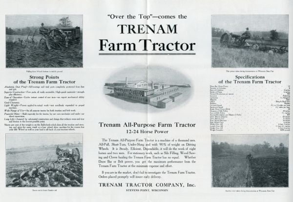 Advertisement for the Trenam All-Purpose Farm Tractor with 12-24 horse power. The advertisement features four photographs of a farmer using the tractor in the field, along with an illustration of the Trenam factory at center.