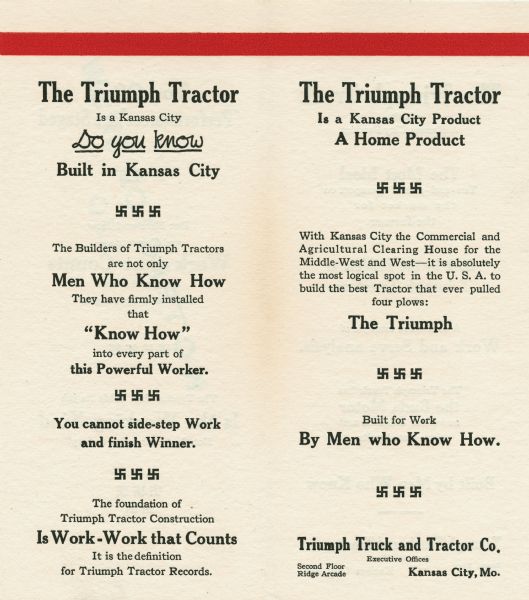Pamphlet advertising the Triumph tractor. The pamphlet includes a swastika design.