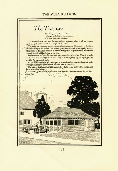 Advertisement for the "Tracover", a tractor garage, in the "Yuba Bulletin". The illustration shows a farmer beside a Yuba tractor next to a "Tracover" building; farm buildings are in the background.