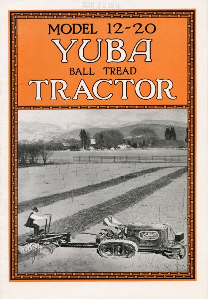 Front cover of a booklet advertising the Yuba Model 12-20 tractor, featuring an elevated view of two men using a Yuba half-track style crawler tractor to plow a field.