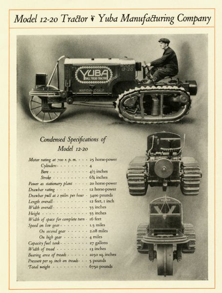 Specification page of a booklet advertising the Yuba Model 12-20 tractor featuring side, rear, and front view illustrations of a half-track style crawler tractor.