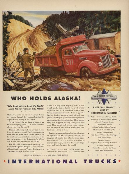 Advertisement for International trucks featuring a color illustration of men working with an excavator and an International dump truck on the Alcan Highway (Alaska Highway). Includes a quote from Billy Mitchell that reads: "Who holds Alaska, holds the world." Also includes a list of "major war products built by International Harvester."