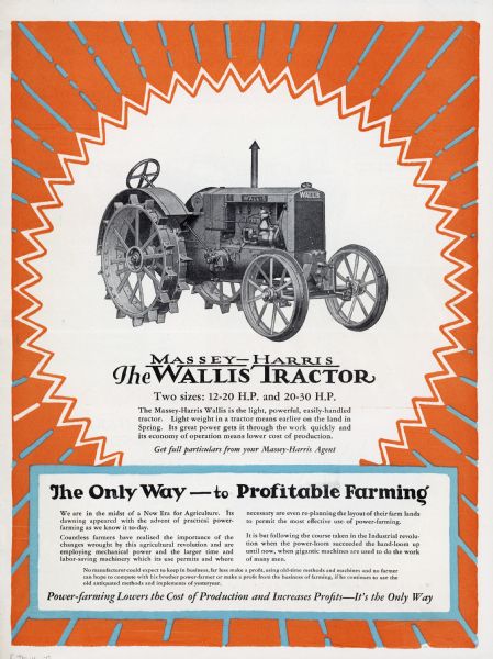 Advertisement for the Massey-Harris Wallis Tractor. The advertisement features an illustration of the tractor set against an orange and blue starburst background, along with two blocks of descriptive text with the headline: "The Only Way - to Profitable Farming."