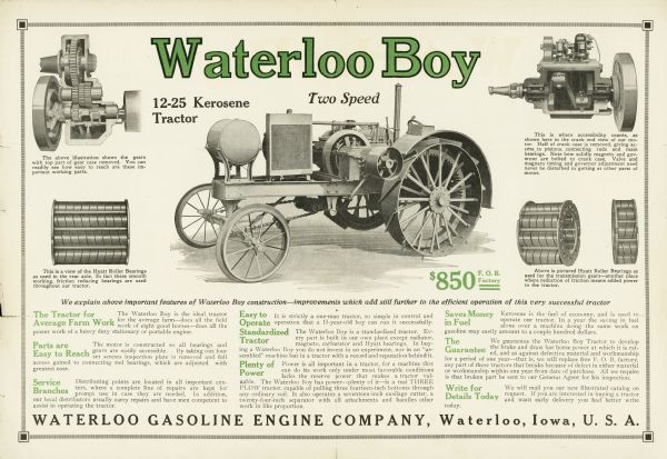 Advertisement for the Waterloo Boy Two-Speed 12-25 kerosene tractor. The advertisement features a side view illustration of the tractor surrounded by smaller illustrations of individual equipment parts. The company was based in Waterloo, Iowa.