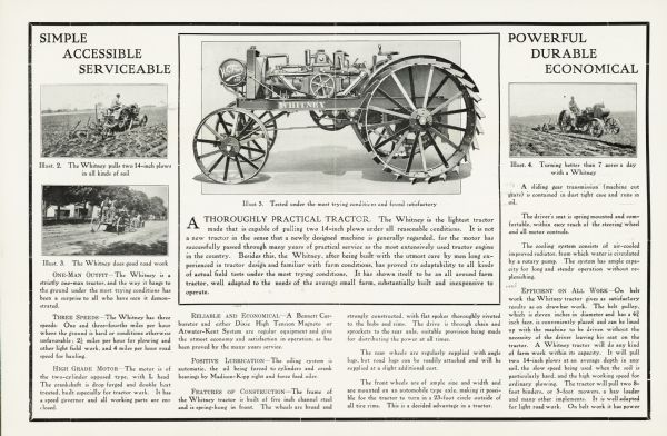 Advertisement for the Whitney tractor featuring a side view illustration of the machine at top center with a caption reading: "Tested under the most trying conditions and found satisfactory." Photographs of the tractor at work in farm fields appear on either side of the illustration, along with text reading: "Simple Accessible Serviceable; Powerful Durable Economical."