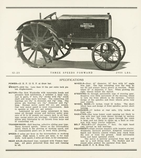Two-page spread in a pamphlet advertising the 12-25 Wetmore tractor featuring a side view photograph of the tractor along with a listing of its specifications. The text beneath the photograph reads: "12-25; Three Speeds Forward; 2900 LBS."