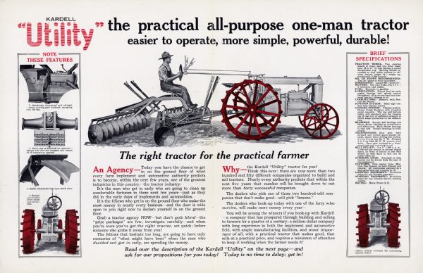 Advertisement for the Kardell Utility tractor featuring an illustration at top of a man using the tractor and a disc harrow to plow a field. The headline text reads: "Kardell 'Utility' the practical all-purpose one-man tractor easier to operate, more simple, powerful, durable!" Additional close-up illustrations and a listing of the equipments specifications are also included.