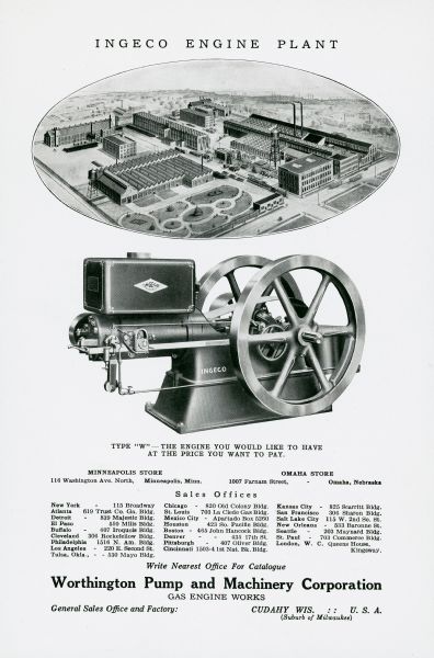 Back cover of a pamphlet advertising the Worthington Pump and Machinery Corporation. The advertisement features an illustration of the Ingeco Engine Plant and a side view illustration of a Type W engine.