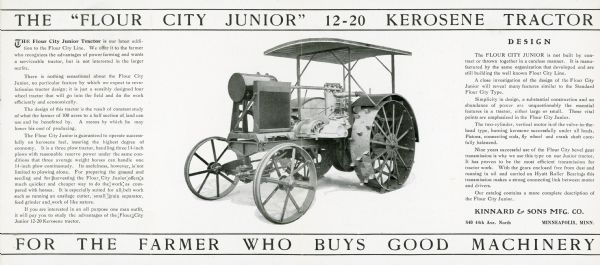 Foldout pages of a pamphlet advertising the Flour City Junior 12-20 kerosene tractor. The text at the bottom of the page reads: "For the Farmer Who Buys Good Machinery."