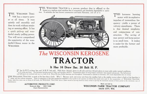 Advertisement for the Wisconsin kerosene tractor featuring a side view illustration of the tractor. The text beneath the illustration reads: "It Has 16 Draw Bar, 30 Belt H.P."