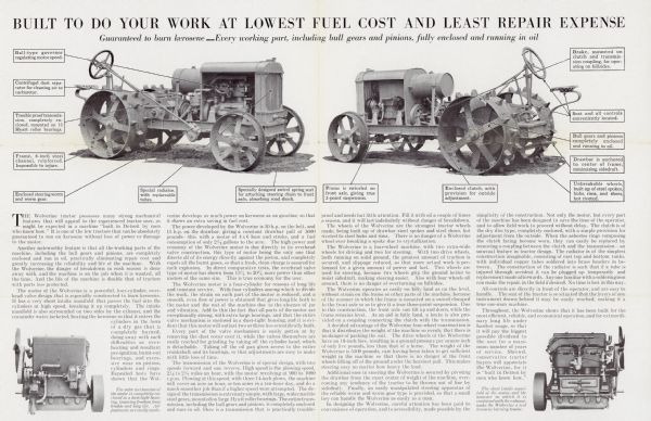 Advertisement for the Wolverine kerosene tractor with a headline reading: "Built to do Your Work at Lowest Fuel Cost and Least Repair Expense. Guaranteed to burn kerosene — Every working part, including bull gears and pinions, fully enclosed and running in oil." Photographs of either side of the tractor appear at top and close-ups of the motor at the bottom corners.