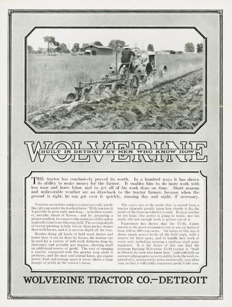 Advertisement for a Wolverine kerosene tractor featuring a photograph of a farmer using the tractor and disc harrow to work in a field. The headline reads: "Wolverine: Built in Detroit by Men Who Know How."