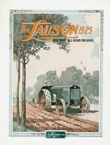 Advertisement for the Lauson 15-25 tractor featuring a color illustration of a farmer using the tractor and plow in a field, surrounded by an Art Deco-style decorative border.