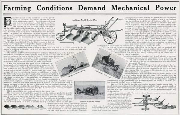 Advertisement for La Crosse agricultural equipment with a headline reading: "Farming Conditions Demand Mechanical Power." An illustration of the La Crosse No. 23 tractor plow is accompanied by three photographs of La Crosse equipment at use in farm fields.