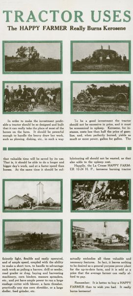 Advertisement for the La Crosse kerosene tractor featuring photographs of the tractor in use on farm jobs. The headline reads: "The HAPPY FARMER Really Burns Kerosene."