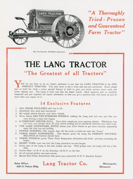 Advertisement for the Lang tractor featuring an illustration of the tractor with a caption reading: "Note The Powerful, Well-Built Appearance." Slogans read "A Thoroughly Tried - Proven and Guaranteed Farm Tractor" and "The Greatest of all Tractors."
