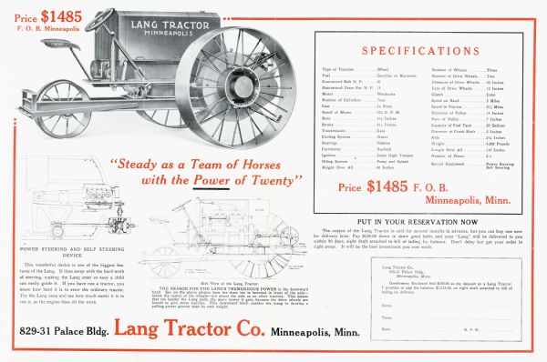 Advertisement for the Lang tractor featuring a side view illustration of the tractor at top accompanied by a listing of the machine's specifications at right. Below a caption reading: "Steady as a Team of Horses with the Power of Twenty" are two diagrams illustrating the power steering and self steering device (left) and a side view of the tractor.