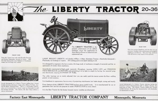 Advertisement for the Liberty 20-36 tractor featuring front, side, and rear illustrations of the machine along with photographs of the tractor at use in the field. The ad indicates that the company's factory was located in East Minneapolis, Minnesota.