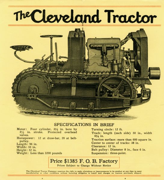 Advertisement for the Cleveland tractor featuring a side view illustration of the crawler tractor along with a listing of its specifications. The text at bottom reads: "Price $1385 F.O.B. Factory."