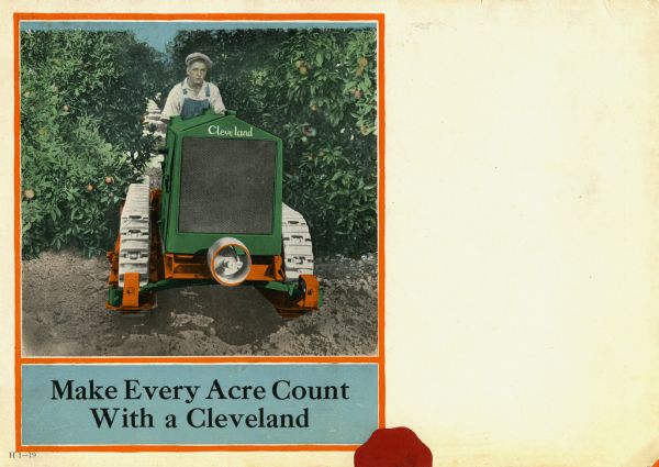 Advertisement for Cleveland tractors featuring a color illustration of a farmer using a Cleveland tractor in what appears to be an orchard. The slogan reads: "Make Every Acre Count With a Cleveland."