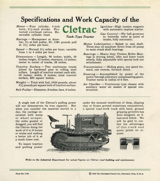 Two-page spread inside a pamphlet advertising the Cletrac tank-type tractor featuring a listing of specifications and work capacity of the machine. A side view illustration of a crawler tractor is at bottom center.