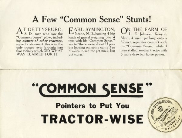 Advertisement for Common Sense tractors featuring; "'Common Sense' Pointers to Put You Tractor-Wise."