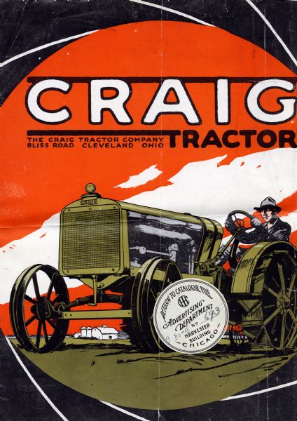 Advertisement cover featuring a color illustration of a man using a Craig tractor. Barns, silos, and agricultural buildings are in the background. The text reads: "Craig Tractor. The Craig Tractor Company. Bliss Road, Cleveland, Ohio."