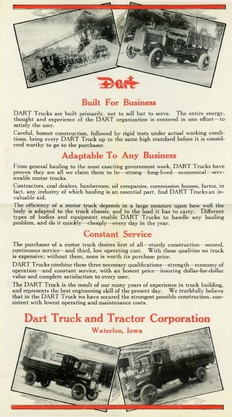 Advertisement for the Dart Truck and Tractor Company featuring four photographs of Dart trucks.