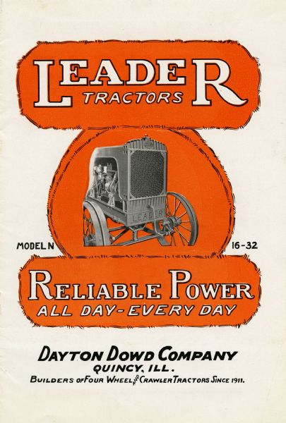 Front cover of a booklet advertising Leader tractors. The text beneath the tractor photograph reads, "Reliable Power All Day - Every Day."