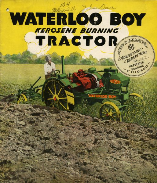 Front cover of a booklet advertising the John Deere Waterloo Boy tractor. The cover features a color illustration of a farmer using a Waterloo Boy tractor in a farm field.