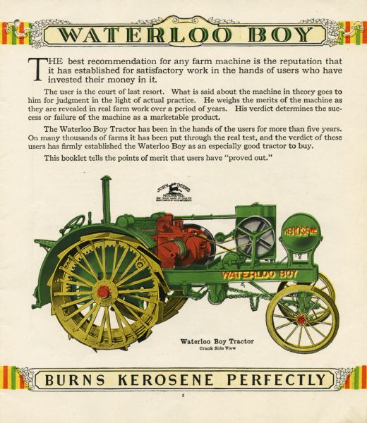 Page in a booklet advertising the John Deere Waterloo Boy kerosene tractor. The page features a crank side view color illustration of the tractor and the text at bottom reads: "Burns Kerosene Perfectly."
