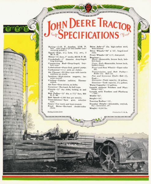 Listing of John Deere farm tractor specifications. The text is set against a background photograph of men working on a farm with a silo and donkeys in the background and a tractor in the foreground.