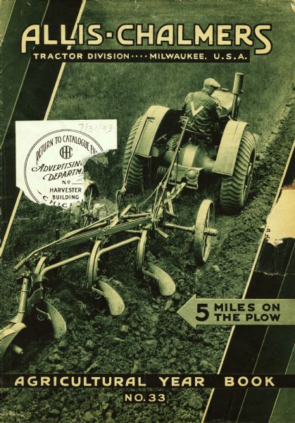 Front cover of the Allis-Chalmers Agricultural Year Book No. 33 featuring a photograph of a man using a tractor and plow.