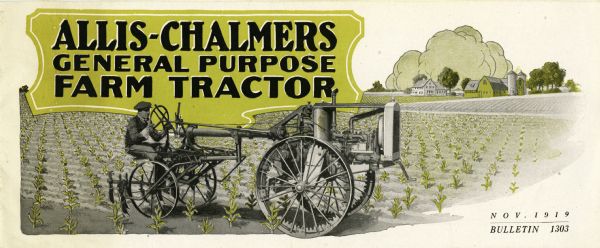 Front cover of the Allis-Chalmers general purpose farm tractor Bulletin 1303. The cover features an illustration of a man using a tractor in a field with farm buildings in the background.