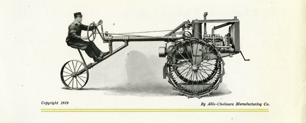 Illustration of a man using a tractor produced by the Allis-Chalmers Manufacturing Company.