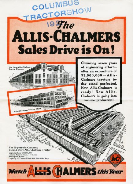 Front cover of a pamphlet advertising the Allis-Chalmers sales drive. The cover features illustrations of the New Allis-Chalmers Tractor Foundry and a side and overhead view of the Allis-Chalmers tractor factory. The caption at lower left reads: "The 65-year-old Company Behind Every Allis-Chalmers Tractor. Capitalization, $42,500,000. Ground Area of Plant, 116 Acres. Employees, 8,000. Capacity of Tractor Plant, 100 Tractors a Day."