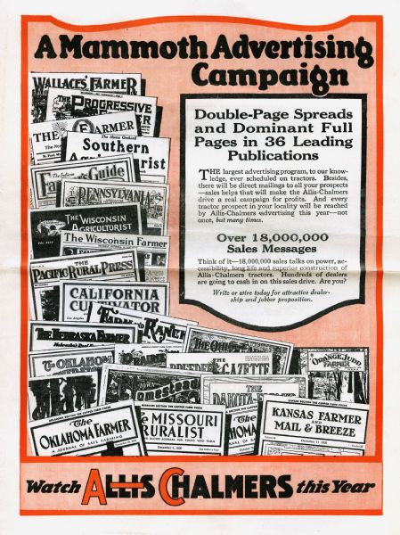 Pamphlet cover entitled: "A Mammoth Advertising Campaign" listing Allis-Chalmers' use of "double-page spreads and dominant full pages in 36 leading publications."