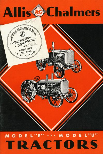 Front cover of a pamphlet advertising Allis-Chalmers Models E and U tractors. Illustrations of the tractors appear within a diamond accent.