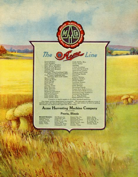 Back cover of a booklet advertising the Acme line of farm machinery. A listing of products produced by the company appears in front of an illustrated background of a wheat field.