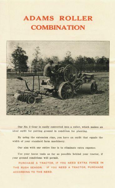 Advertisement for the Adams combination roller with a photograph of a man using the roller/tractor in a farm field.