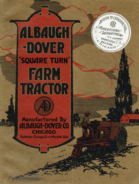 Front cover of a booklet advertising the Albaugh-Dover Square-Turn farm tractor. The cover features a color illustration of a man using a tractor on a farm. The text on the cover reads: "Manufactured By Albaugh-Dover Co. Chicago. Factories: Chicago, Ill. and Norfolk, Neb."