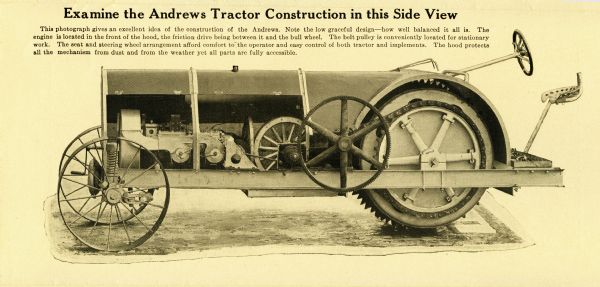 Side view of the Andrews tractor. The text above the illustration reads: "Examine the Andrews Tractor Construction in this Side View."