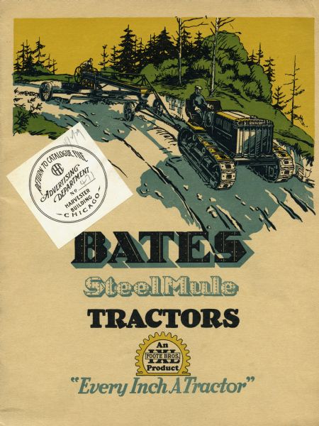 Front cover of a booklet advertising Bates Steel Mule tractors featuring an illustration of two men using a crawler tractor and road grader on a road. Bates was based in Joliet, Illinois.