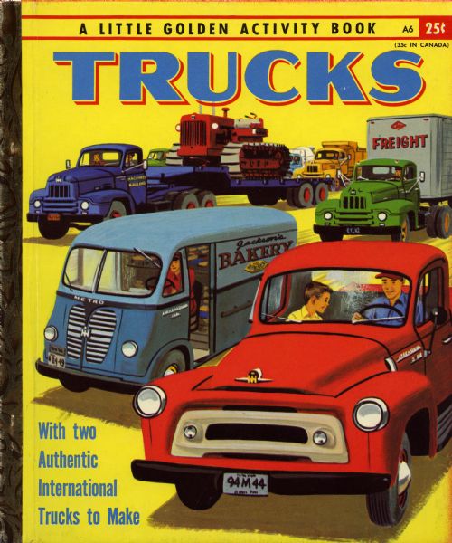 Cover of a Little Golden Activity Book for children titled "Trucks." Features a color illustration of International trucks, including an International S-100 pickup truck and an International Metro delivery truck. An International Harvester crawler tractor (TracTracTor) is also in the background.