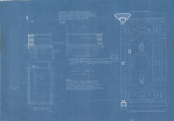 A blueprint showing the second floor balcony outside of the linen room of Stanley McCormick's Riven Rock estate in El Montecito, Santa Barbara County, California. The blueprint also shows the wrought iron railing for the balcony. The architectural firm is identified as Shepley, Rutan and Coolidge of Chicago, Illinois.