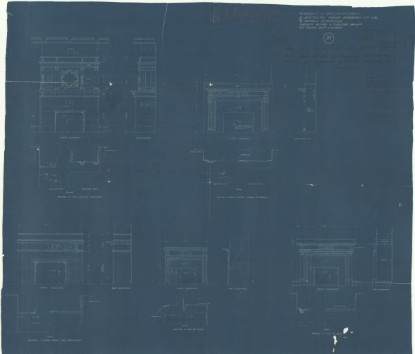 Blueprint showing the mantles at Stanley McCormick's Riven Rock estate in El Montecito, Santa Barbara County, California. The architectural firm is identified as Shepley, Rutan and Coolidge.