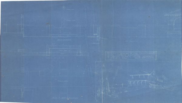 Blueprint of the formal garden for Stanley McCormick's Riven Rock estate at El Montecito, Santa Barbara County, California. The blueprint shows different views of the garden, and includes a sketch of a tree and large building. The blueprint was created by Shepley, Rutan & Coolidge of Chicago, Illinois.