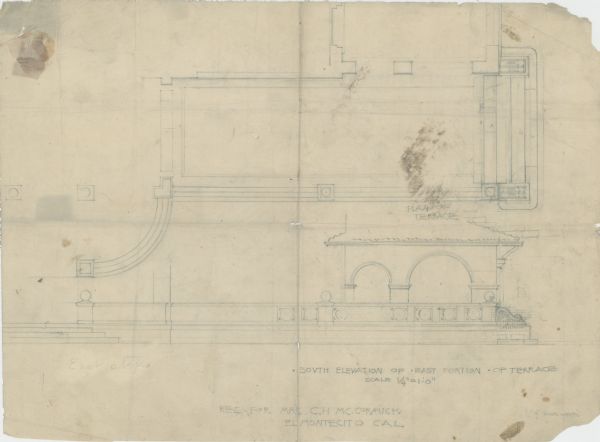 A drawing of the south elevation of the east portion of a terrace at the Riven Rock McCormick Family Estate in El Montecito, Santa Barbara County, California. The drawing may have been created by Shepley, Rutan & Coolidge.